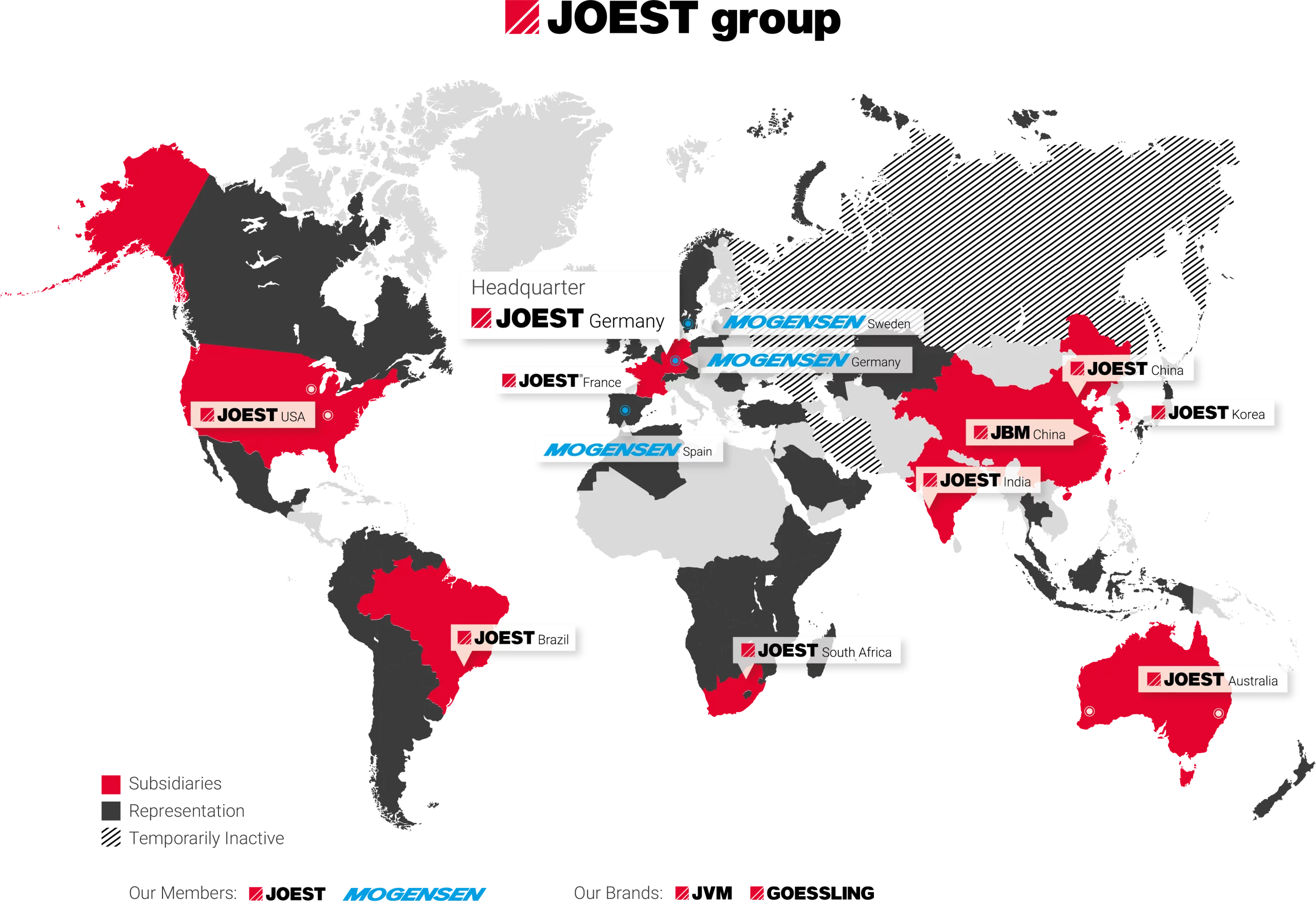 The world map with the numerous locations of the JOEST group subsidiaries.
